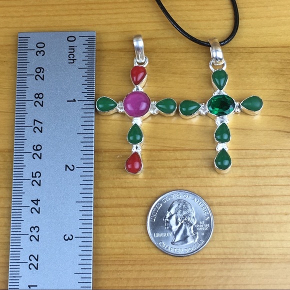 New Pair of Mixed Onyx Stone Handmade Silver Overlay Cross Pendants - Picture 4 of 8